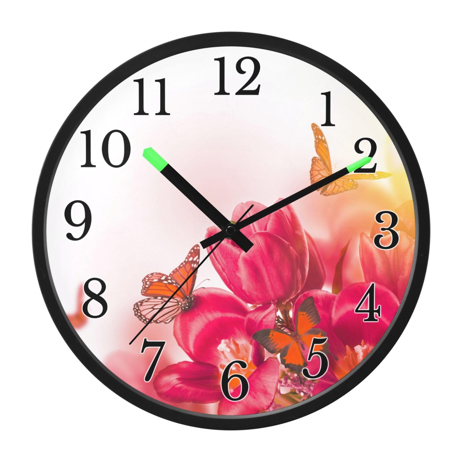 Mnsruu Reloj de pared luminoso con diseño de mariposa roja y rosas, reloj de pared que brilla en la oscuridad, funciona con pilas, reloj de luz nocturna silencioso sin tictac para dormitorio