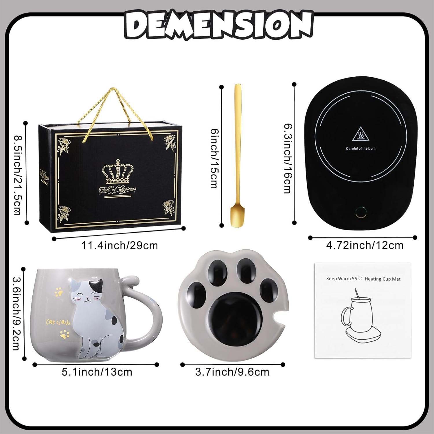 Honeydak Coffee Mug Warmer Cute Cat Mug Set Cup Warmer for Women Heated Coffee Warmers for Mom Home Office Desk Valentine's Day Anniversary Birthday Gifts(Cat,Gray)