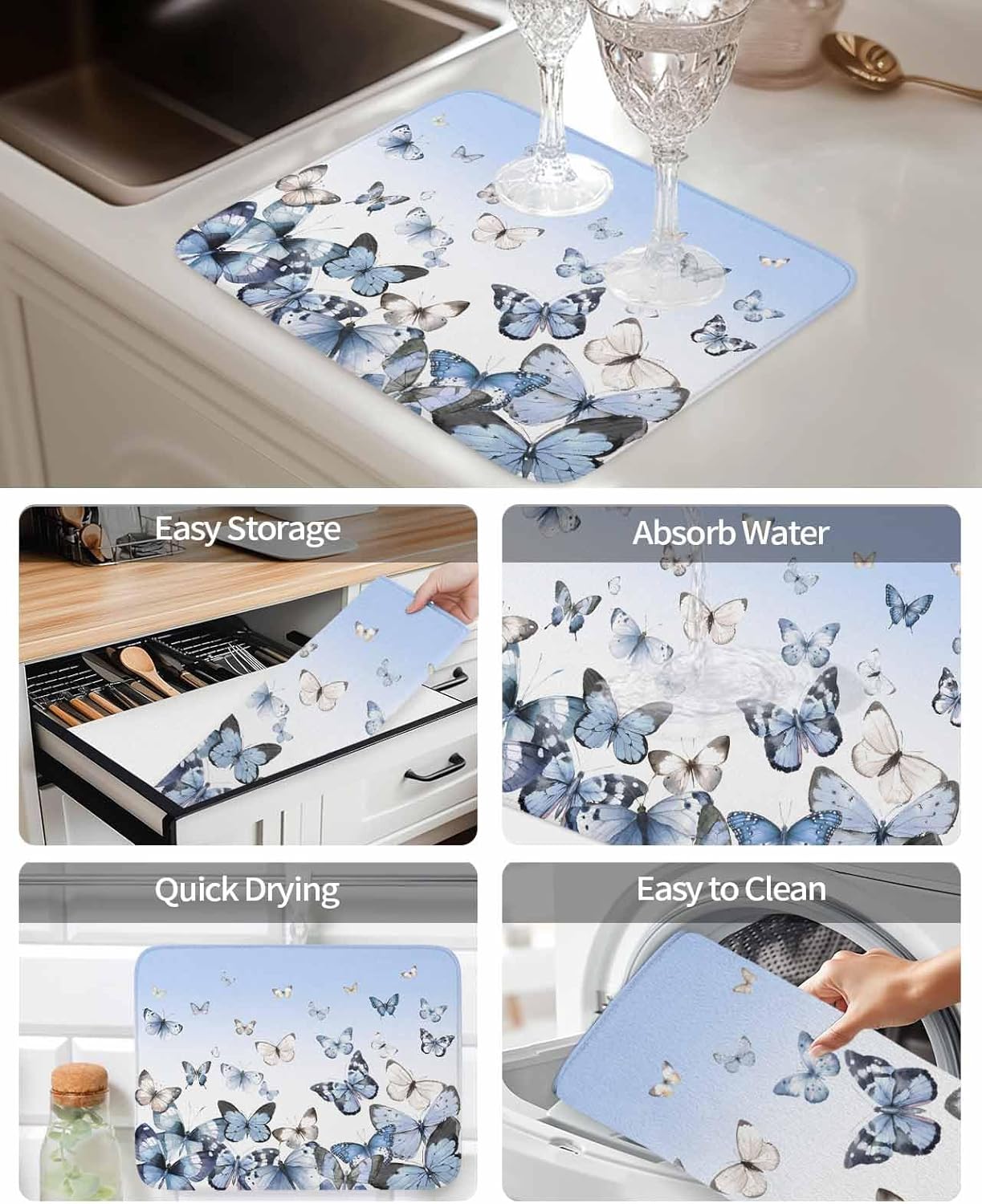 Blue White Butterflies Dish Drying Mat for Kitchen Counter Pastoral Style Gradient Background Super Absorbent Microfiber Coffee Bar Mat Washable Dish Drainer Rack Mat, 2 Pack, 16" x 18"