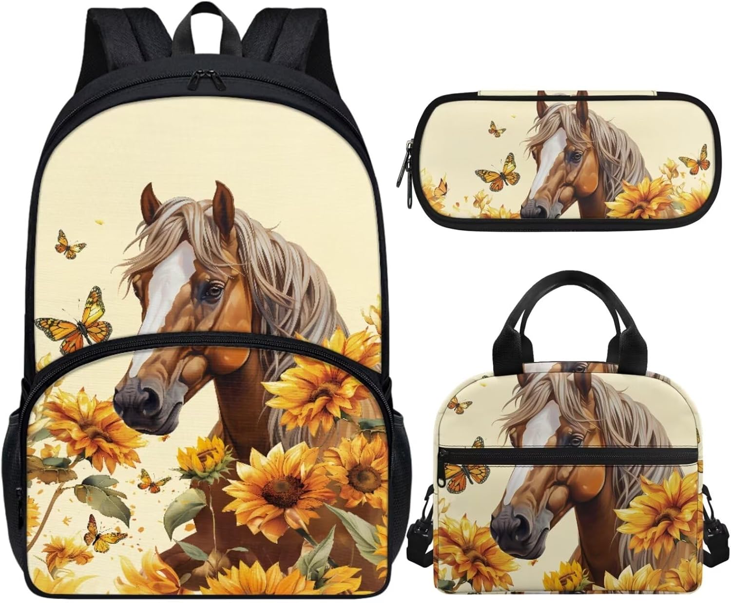 Horse Bookbags Sunflower School Backpack Laptop Schoolbag for Teens Girls Boys High School Kids Backpack with Lunch Box and Pencil Bag Set 3-in-1