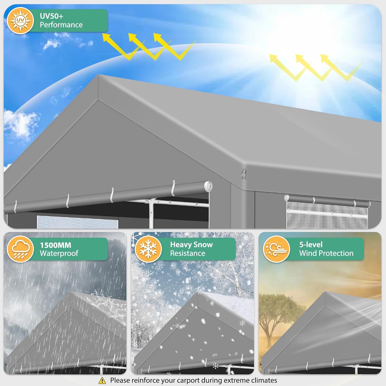 COBIZI Carport 10x20FT Heavy Duty Portable Garage, 3.0 Powder Coated Frame(Better Than Galvanized), Waterproof Shelter with Removable Sidewalls & Windows, Built-in Sandbags, for Car/Boat/SUV, Gray