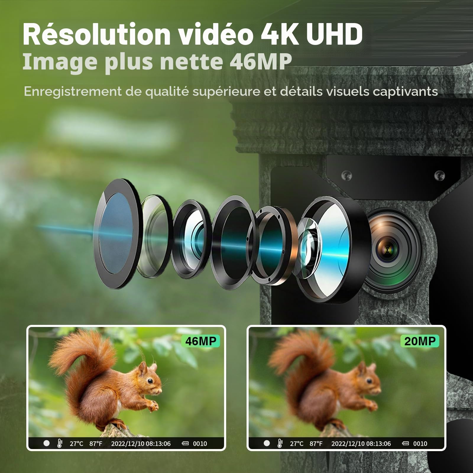 Caméra de Chasse WiFi Solaire 4K 30 i/s 46MP, Bluetooth, App | Déclenchement 0,1 s, détection 120°, vision nocturne 20 m et IP66 pour passages de gibier, agrainoirs et observation