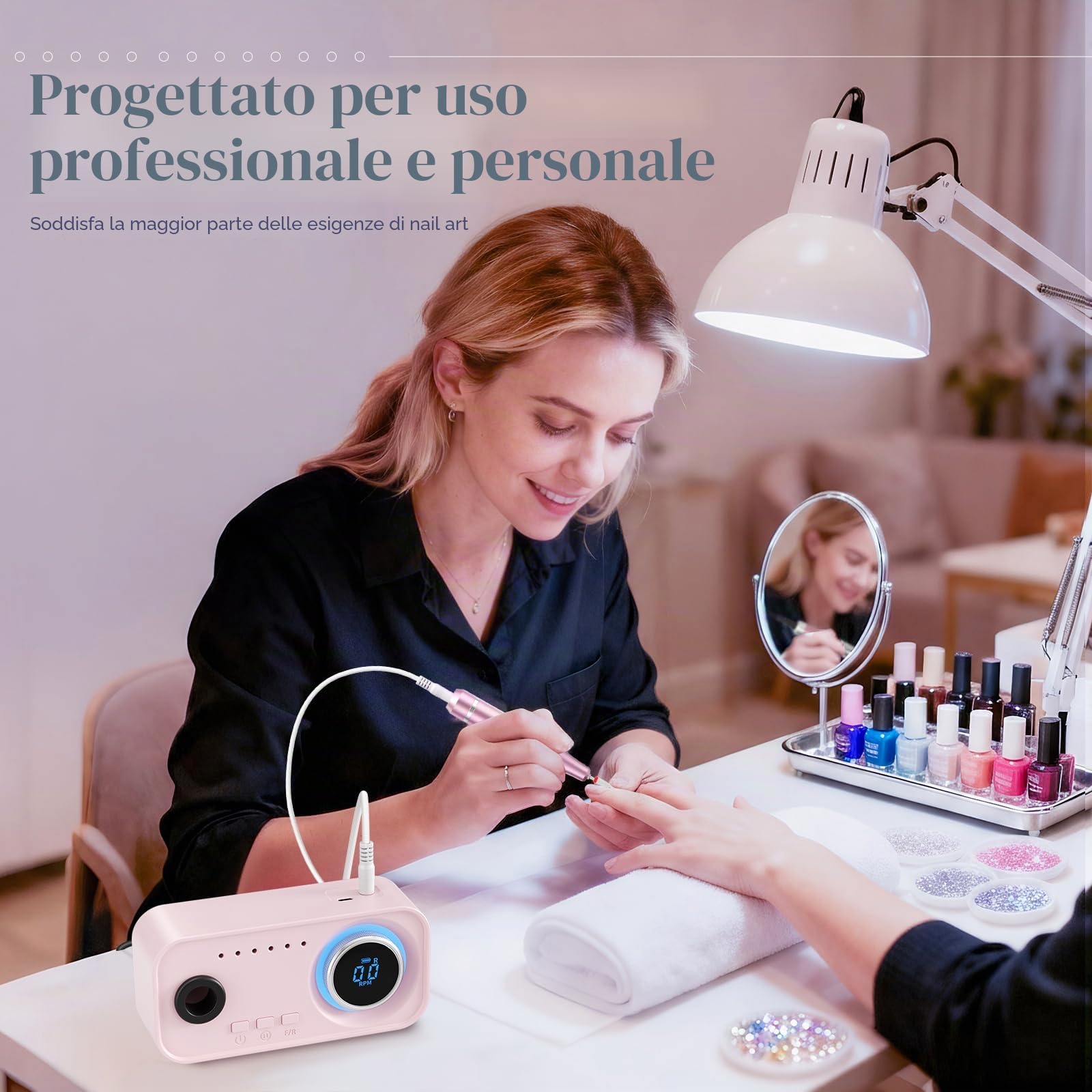 Fresa per Unghie Professionale 36000 RPM, 4000 mAh, Portatile Lima Elettrica per Unghie Con 12 Testine Di Levigatura, Display LCD Ricaricabile Batteria Design, Rotazione Bidirezionale (Rosa)