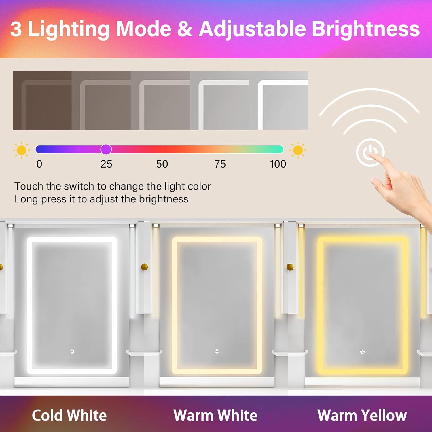 Diagram showing three light modes: Cold White, Warm White, and Warm Yellow, with a touch switch for control.