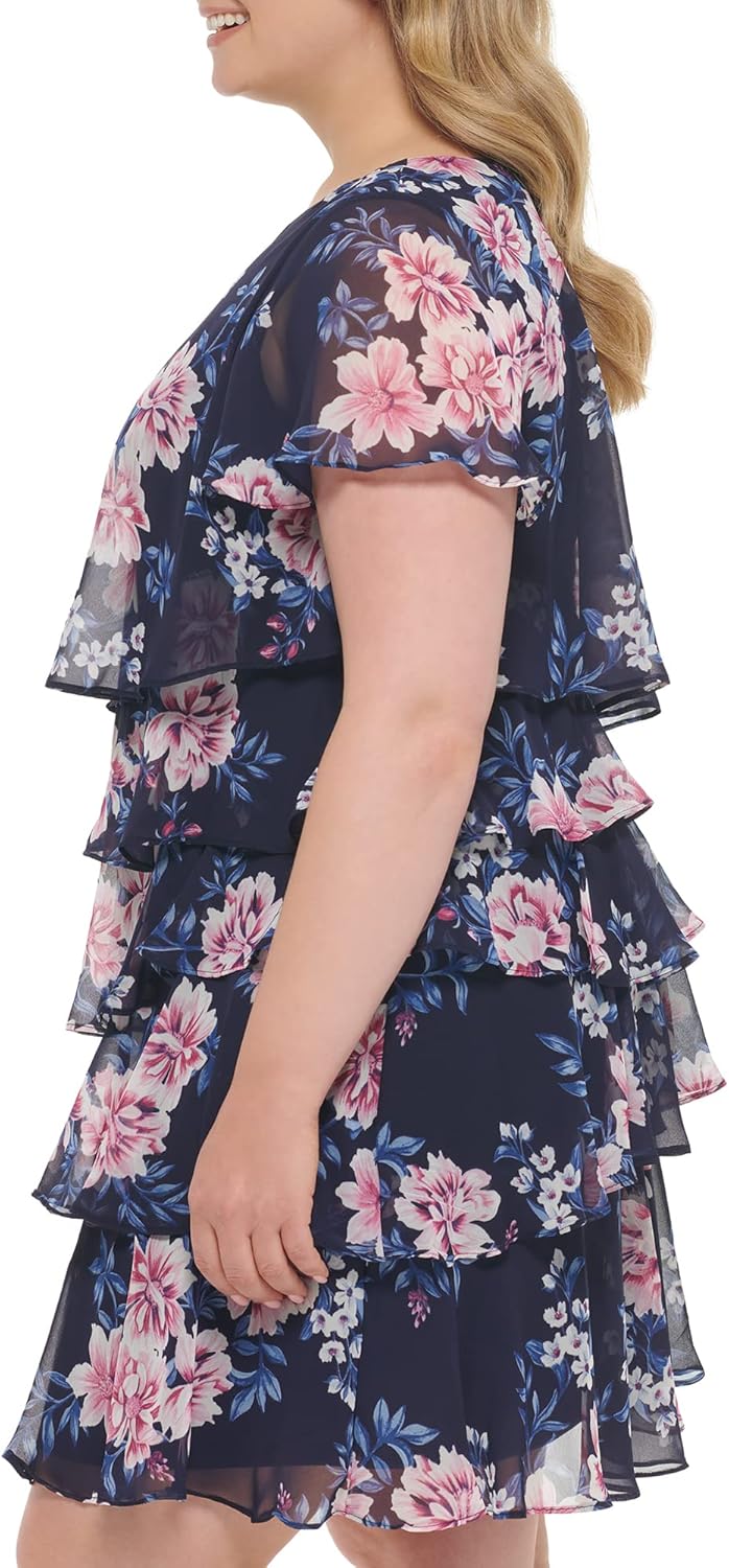 Jessica Howard Womens Floral Ruffle Chiffon Mini Shift Dress