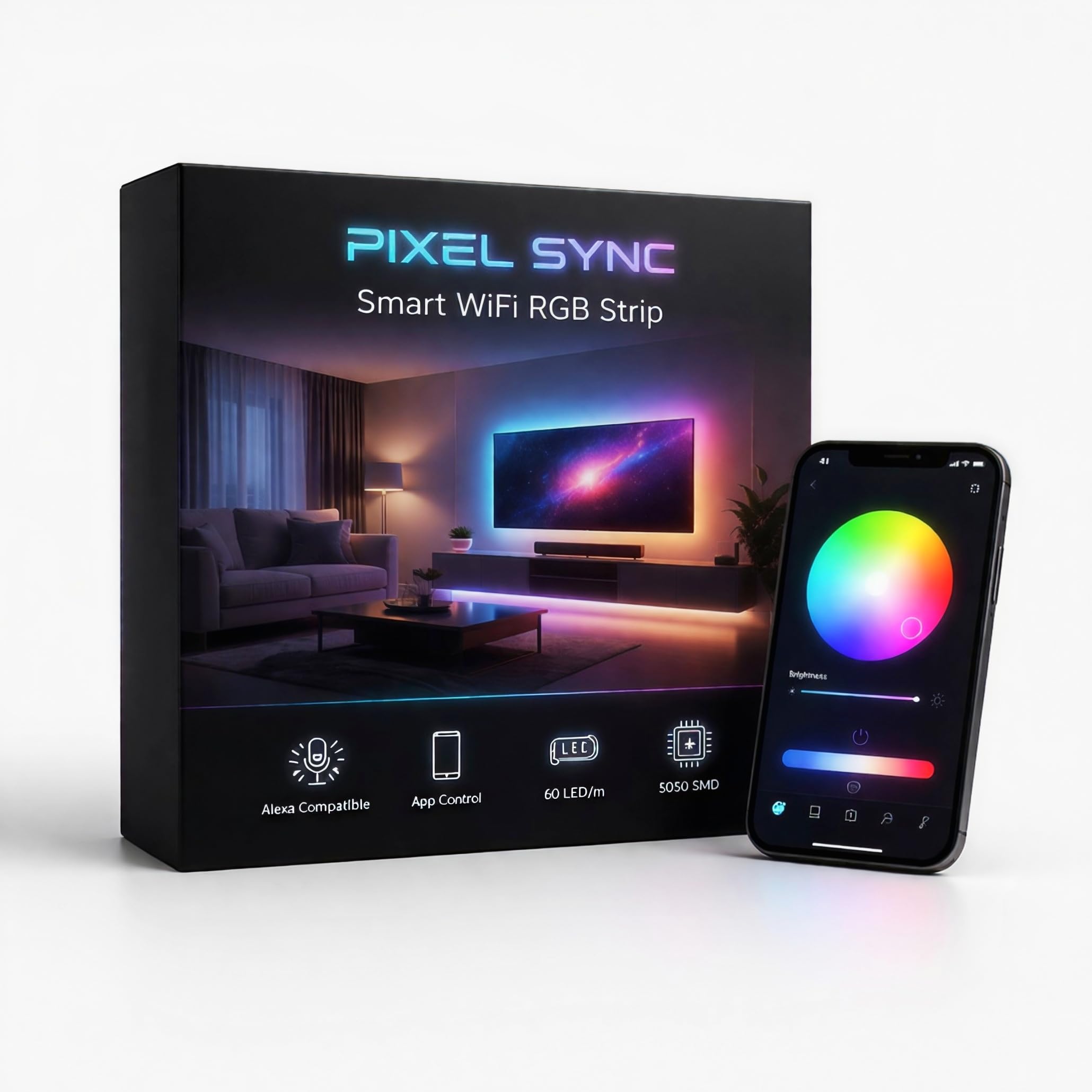 PIXEL SYNC Smart RGB Strip Light - Bluetooth & WiFi, White PCB, 60 LEDs/m, App & Group Control, Music & Dynamic Modes, Copper PCB, 5M Strip with WiFi Controller &12V Adapter(WiFi- Bluetooth APP Set)