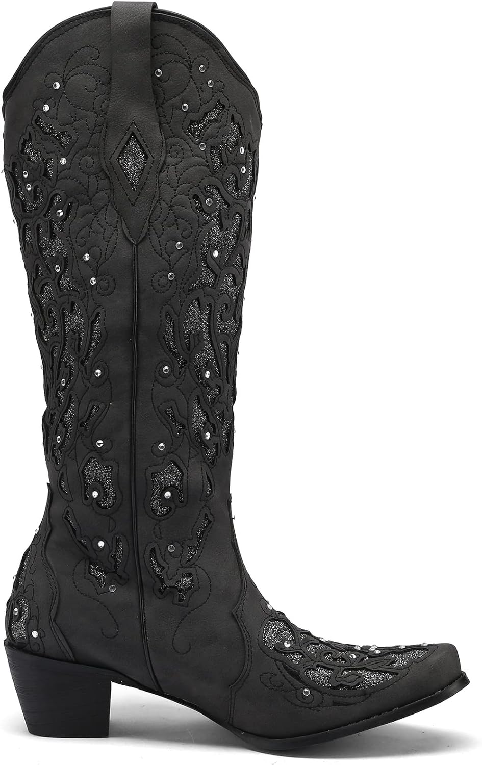 Kluolandi Cowboy Boots for Women Wide Calf Western Knee High Boots with Rhinestone Chunky Heel Embroidered Cowgirl Boots