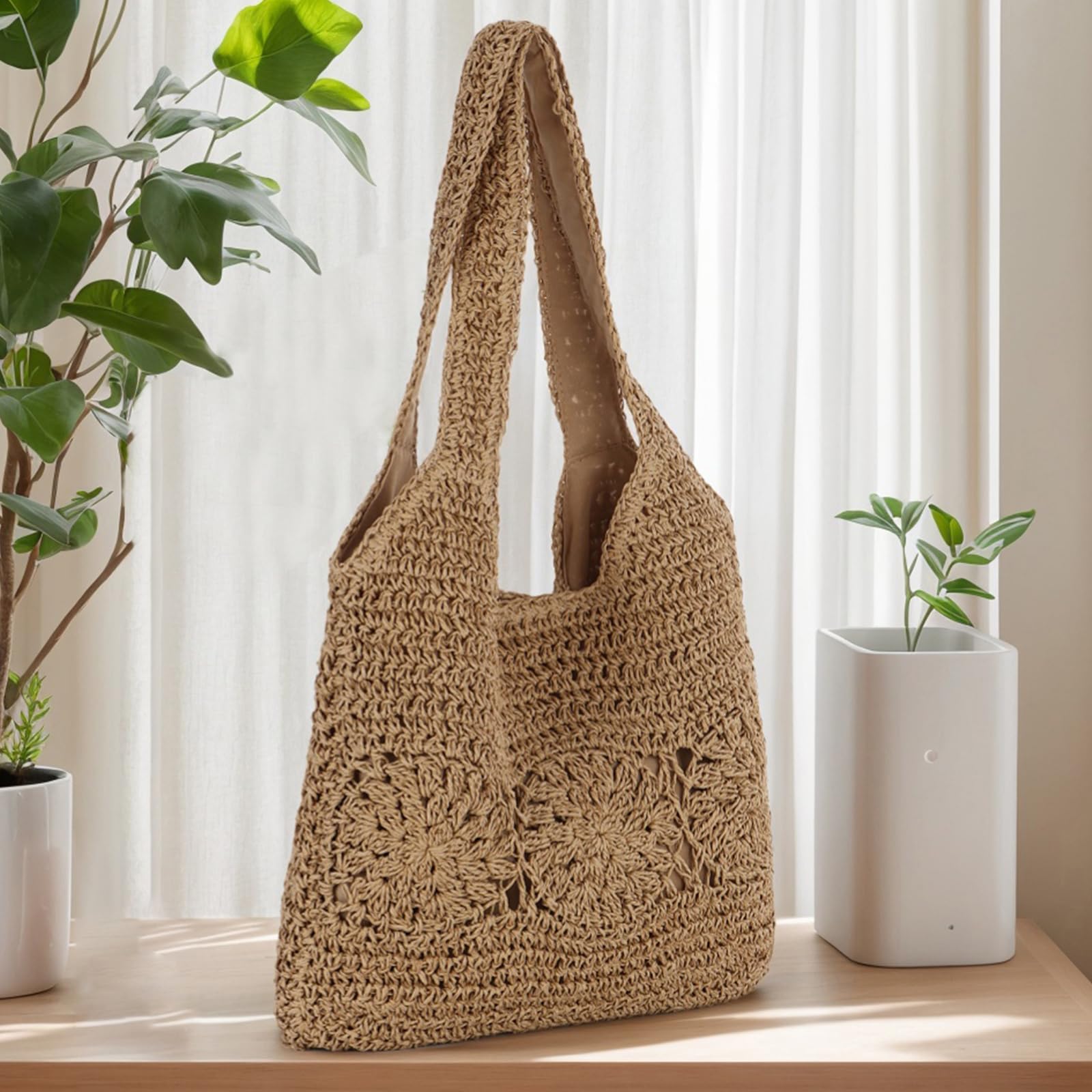 EVEOUT Bolso de hombro Paja para Mujer Verano Bohemio Ligero Grande Shopper Tejido Bolso Tote Rafia para Playa Vacaciones
