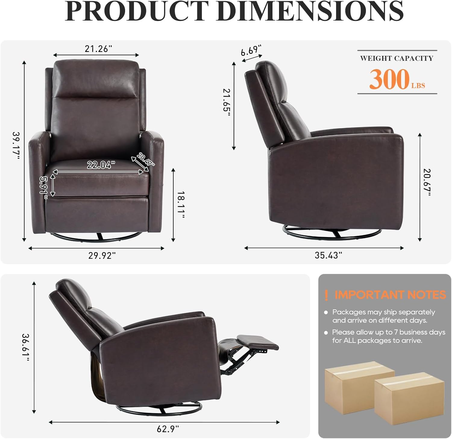 Leather Recliner Chair for Adults, Swivel Rocker Recliner for Small Spaces, Wide Glider Rocking Nursery Chair with Ergonomic High Backrest, for Home Living Room, Office, Bedroom（Chocolate Brown）