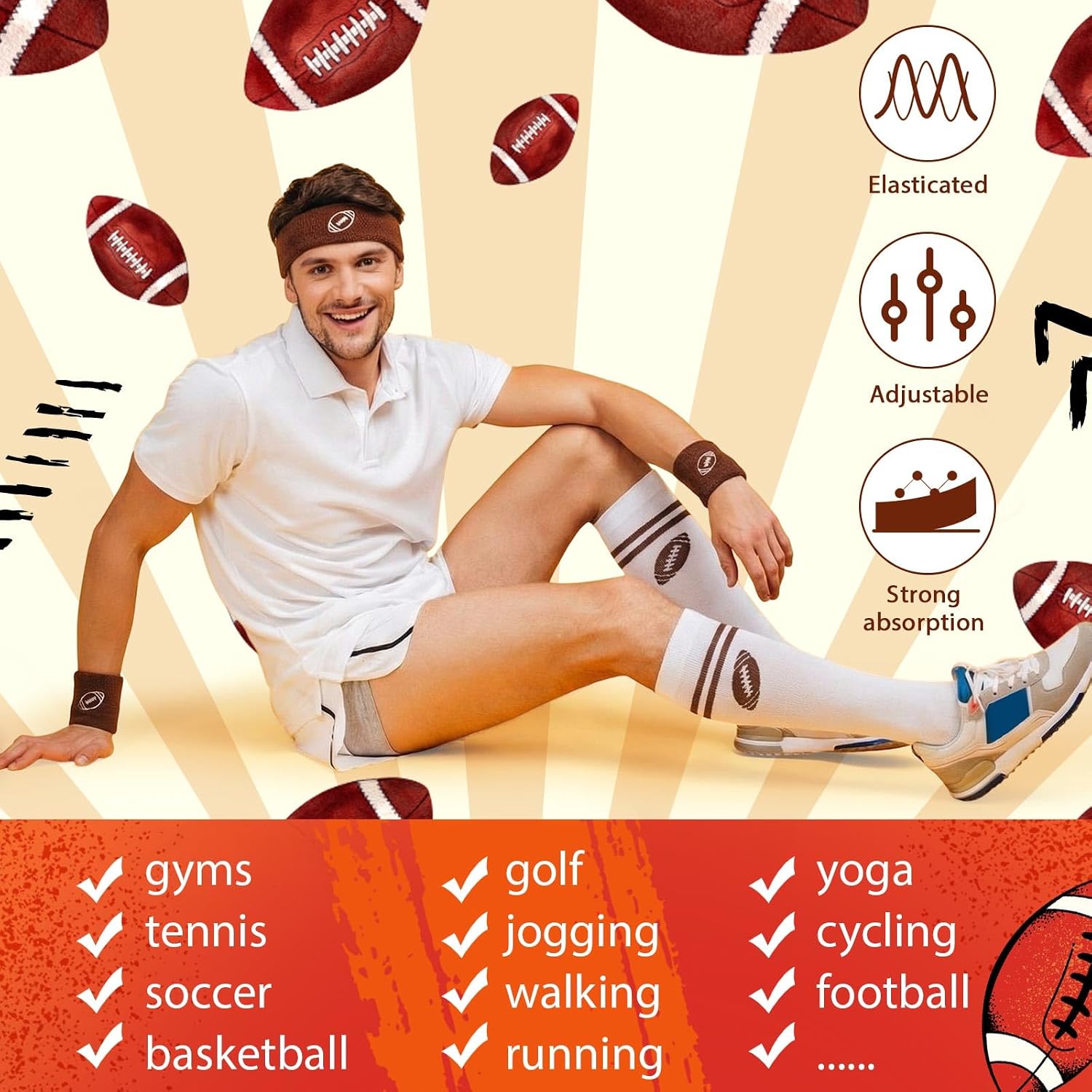 Jadive Sweatband Set and Includes 1 Head Sweatband and 2 Sports Wristband and 1 Pair Compression Socks for Men Women