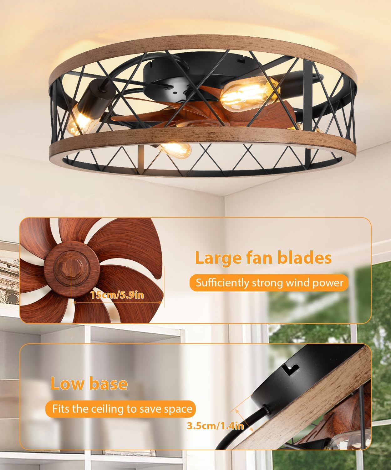 2-in-1 Low Profile Ceiling Fan with Light, 20” Caged Woodgrain-Finish Safety Design for Kids - 3000K, Smart APP/Remote, Quiet Flush Mount DC Motor, Ideal for Bedroom/Living Room Farmhouse Style