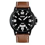 Mens Fashion Dress Analog Quartz Watch with Brown Leather Band Unique Big Face Number Retro Casual Wrist Watches Classic Business Waterproof Wristwatch Calendar Date Week - Black Brown