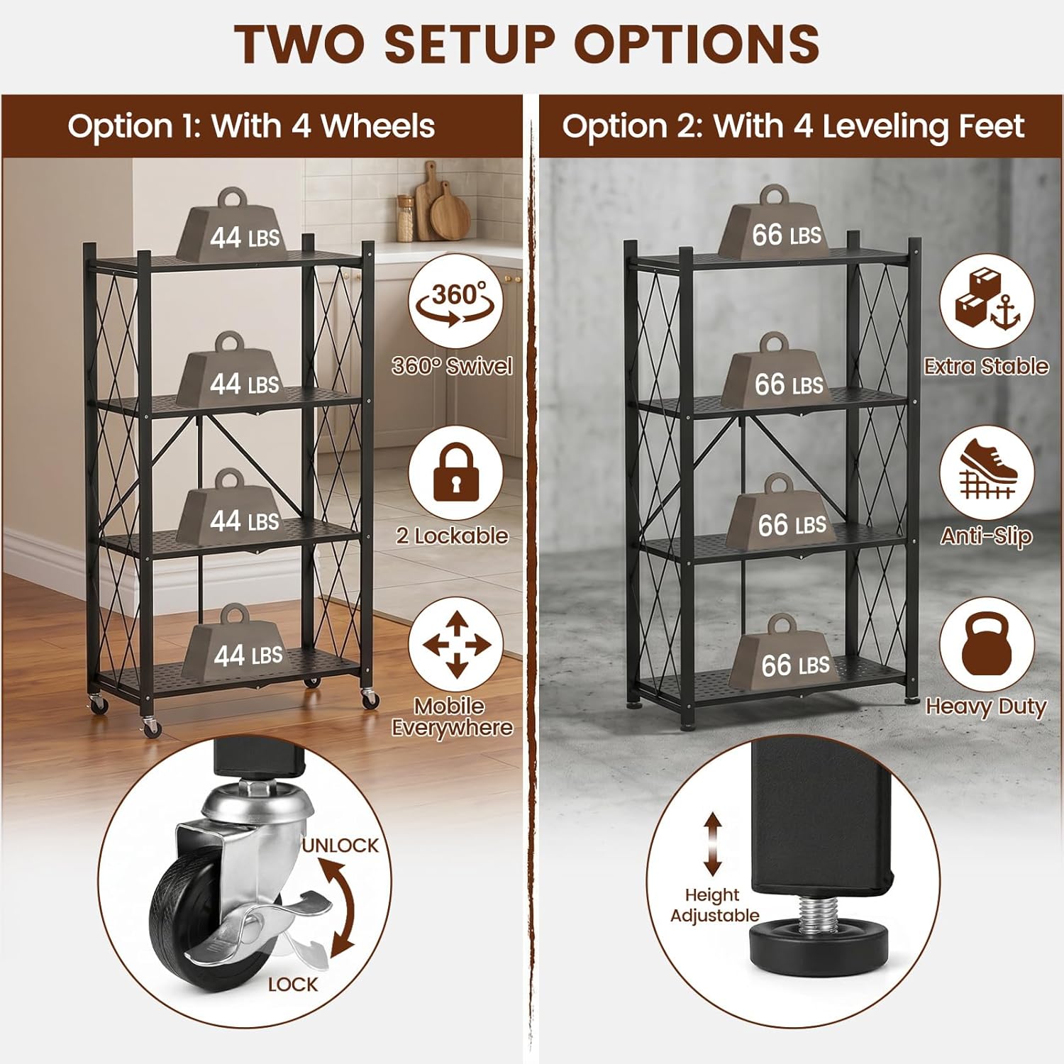 ALANNG Heavy Duty 4-Tier Folding Shelf with Wheels, No Tools Assembly Metal Storage Rack Cart, 264LBS Capacity for Kitchen, Pantry, Laundry Room, Garage (Black, 2PACK)