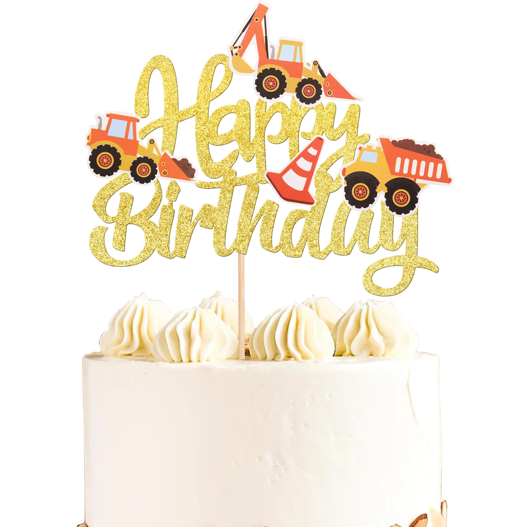 SYKYCTCY 1 PCS Construction Happy Birthday Cake Topper Glitter Truck Excavator Tractor Cake Pick for Construction Theme Baby Shower Kids Boys Girls Party Cake Decorations Supplies Gold