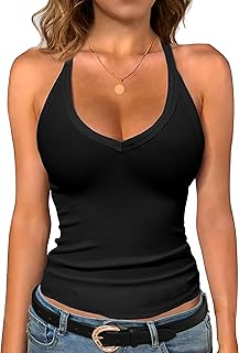 Women's Workout Tank Top with Built-in Shelf Bra-V-Neck Racerback Ribbed Cami for Gym, Yoga, Running