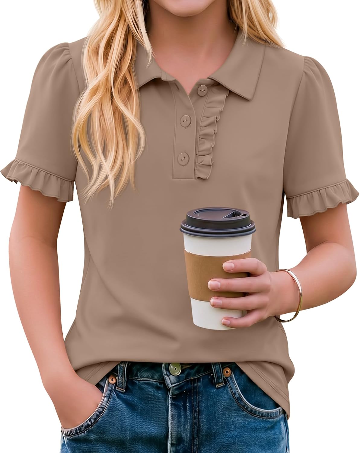 Xaatren Girls Short Sleeve Polo Shirts Kids Ruffle Puff Sleeve Tops Button Collar School Uniform Shirts 5-14 Years