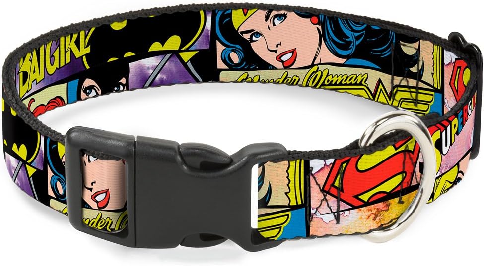 Buckle-Down Plastic Clip Collar - Superheroines Wonder Woman/Supergirl/Batgirl - 1.5" Wide - Fits 13-18" Neck - Small