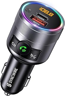 SYNCWIRE Bluetooth 5.3 FM Transmitter for Car, 48W PD & QC 3.0 Fast Charging Car Charger Bluetooth Car Kit, Wireless FM Radio Adapter, Deep Bass Music Player, Hands-Free Calling, Colorful LED Light