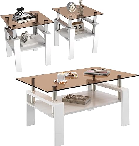 Miniatura 8 de Juego de 3 mesas auxiliares de cristal para sala de estar, mesas auxiliares de sofá Mordern con almacenamiento, mesa esquinera de metal blanco, mesa