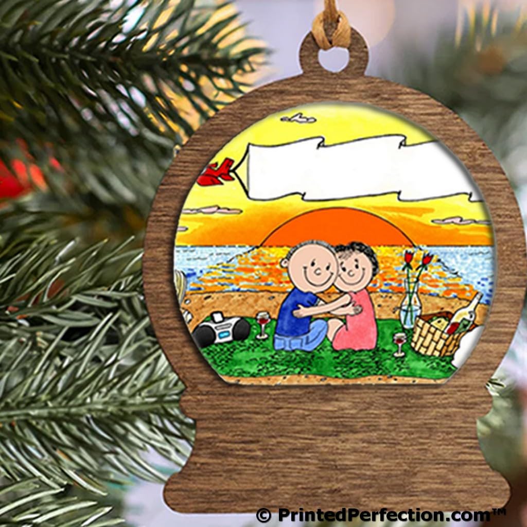 PrintedPerfection.com Personalized Lovers on The Beach Wooden Snow Globe Shaped Christmas Ornament