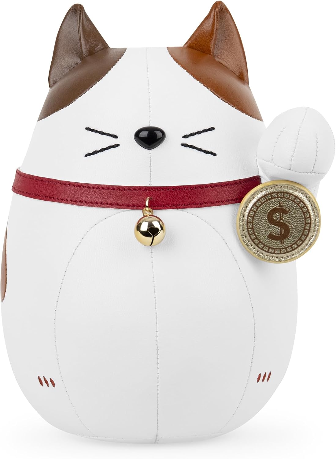 Zuny Bookend Lucky Cat Fu Money, Leather Bookends for Shelves and Heavy Books, Handmade Animal Cat Home Decor, White+Tan