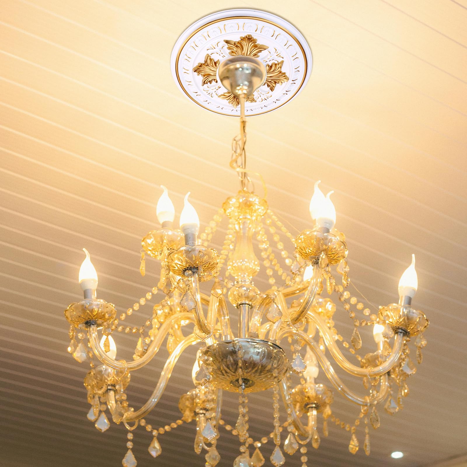 Primst PU Decorative Ceiling Medallion for Light Fixtures and Ceiling Fans, Molded Plastic, Gold and White Finish, (B-15.6"OD x 4.3"ID) — Amazon image 8