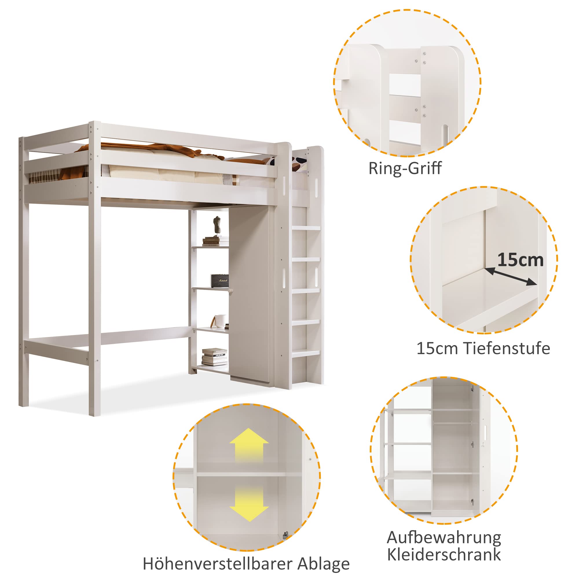 Rtopsu Letto a Castello per Bambini 90x200 cm con Armadio, Letto Singolo a Soppalco con 6 Contenitore Ripiani e Scala, Letto con Protezione Anticaduta e Rete a Doghe in Legno, Bianco, Senza Materasso