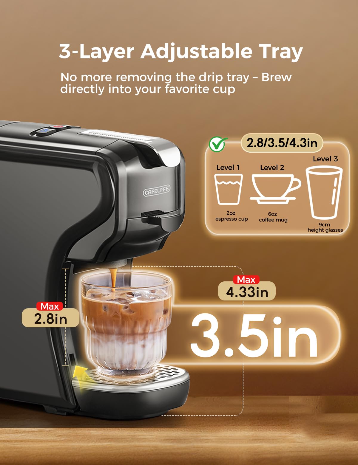 CAFELFFE Cafetera de cápsulas MK-611 3 en 1, 19 bares, para café frío/caliente, compatible con NES/DG/molido, altura ideal para tazas grandes (negra). Ideal para regalar.
