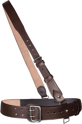 SAM BROWNE BELT GENUINE LEATHER BRITISH MILITARY STYLE WITH CROSSOVER SHOULDER STRAP - BROWN COLOR & SILVER ACCESSORIES