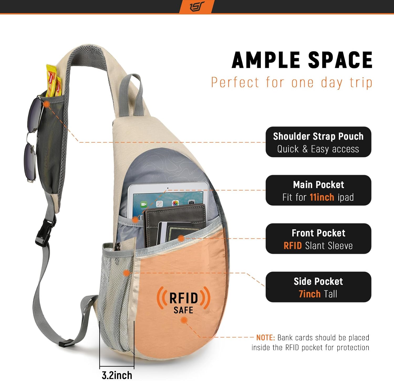 SKYSPER Sling Bag RFID Crossbody Sling Backpack Cross Body Shoulder Travel Bag Hiking Daypack for Women Men(Beige) - Image 2