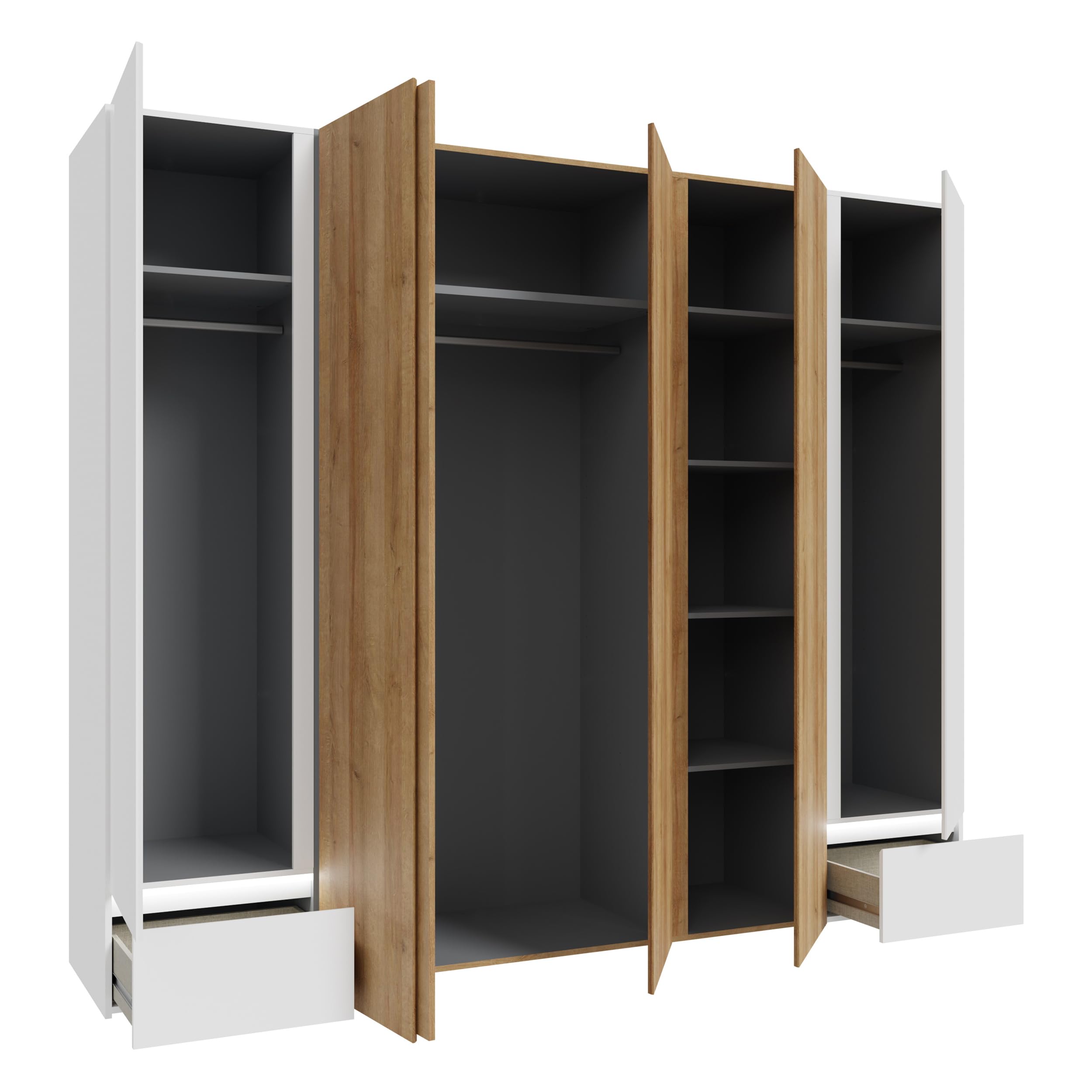 Forte LENYBELARDO Kleiderschrank 250, Moderner Dreh-/Schwebetürenschrank mit 4 Türen, Holzwerkstoff, Riviera Eiche/Weiß, 250 cm breit, 210,5 cm hoch, 54,2 cm tief
