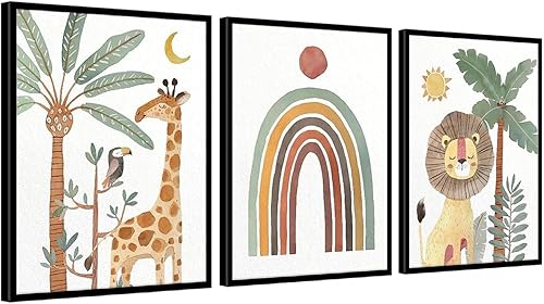 Miniatura 7 de HLJ ART Juego de póster de animales de safari citas inspiradoras para niños, 6 paneles de poliéster enmarcados para decoración de guardería