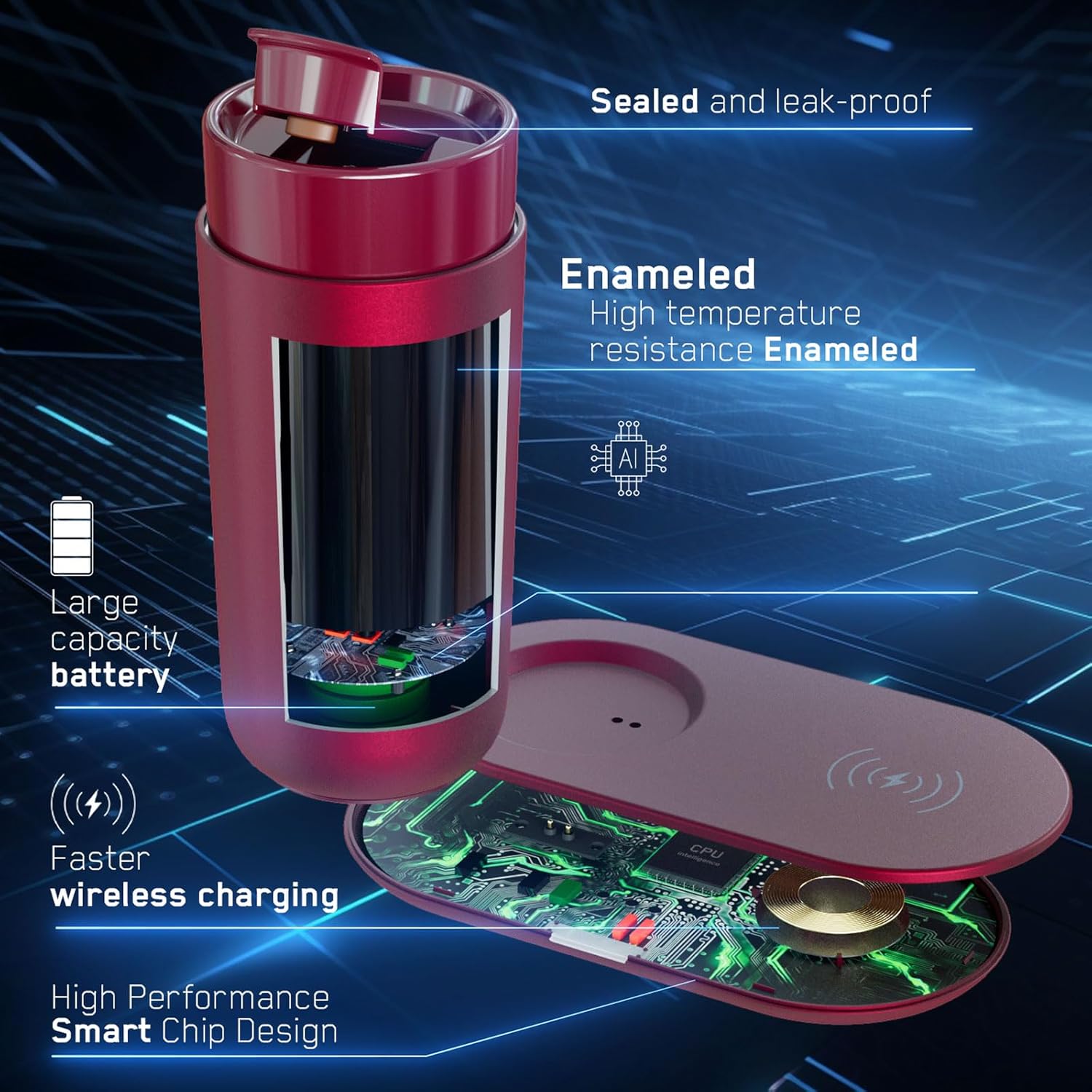 Temperature Control Heated Coffee Mug Smart Self Heating Travel Mug 12 Oz App Controlled Warmer Mug 4-10 Hour LED Display Keep Coffee Hot Fast Wireless Charger Base Rogue red