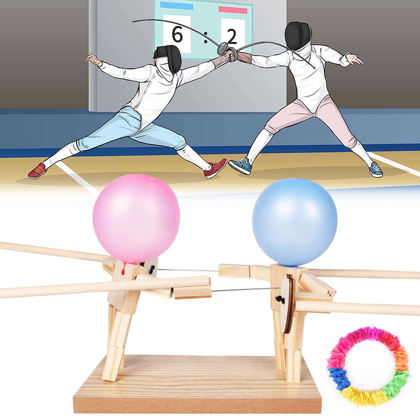 AYESY Wooden Balloon Brawlers Fencing Game, Balloon Bamboo Man Fencing Puppets Game with 200 Balloons