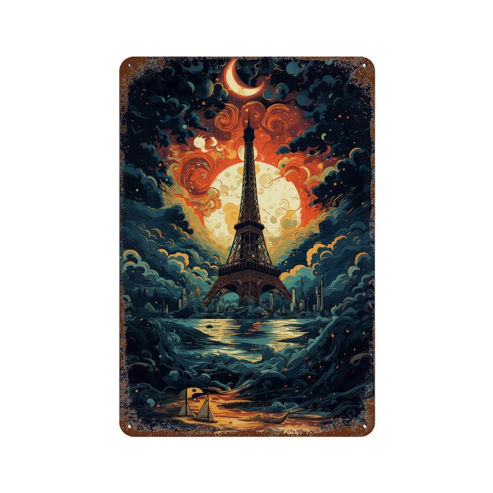 Rust Effect Parisian Night Romance Aged Metal Wall Plaque 11.8"x7.9", Classic Wall Plaque for Basement, Hobby Room And Garage Decor