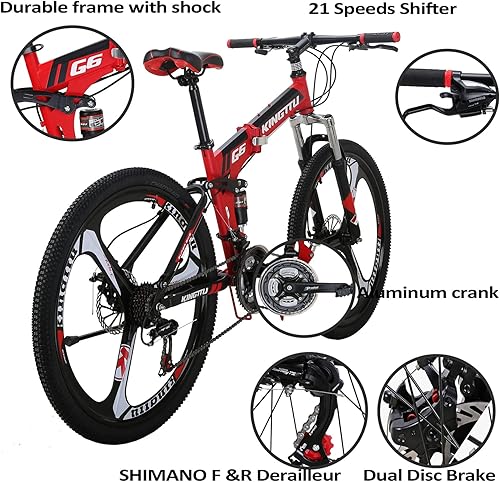 Miniatura 3 de EUROBIKE Bicicleta plegable para adultos bicicleta plegable de 26 pulgadas bicicleta de suspensión completa de 21 velocidades freno de disco