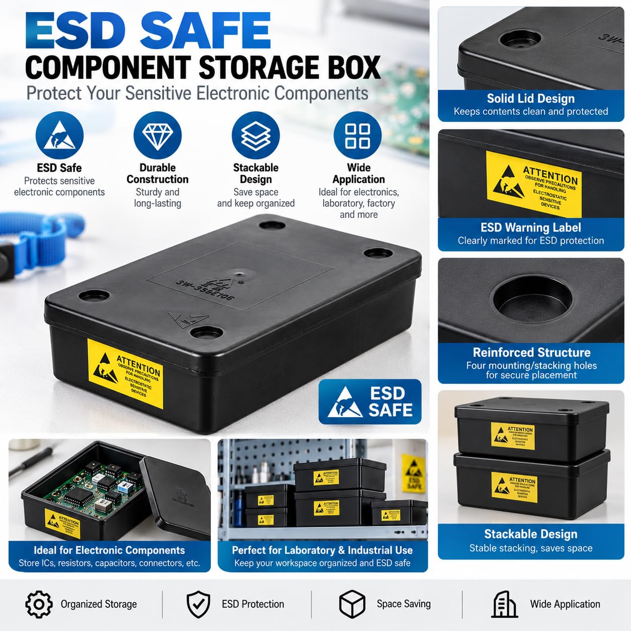 ESD Safe Anti-Static Electronic Parts Storage Box Bin,Tool Case, Green image 3