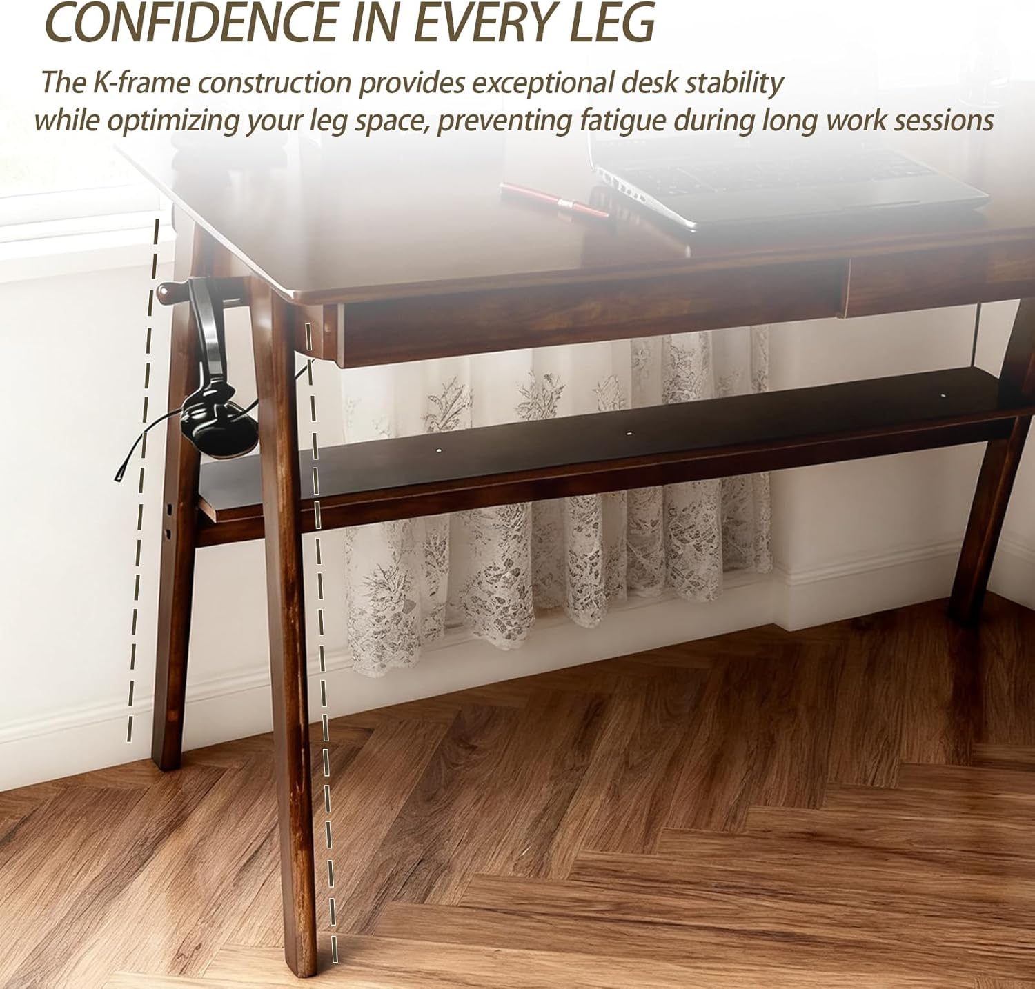 Mid-Century 47" Desk Solid Wood Writing Desk with 2 Drawers and Lower Shelf, Home Office Table for Study or Work or Dining with 2 Hanging Rod, Walnut