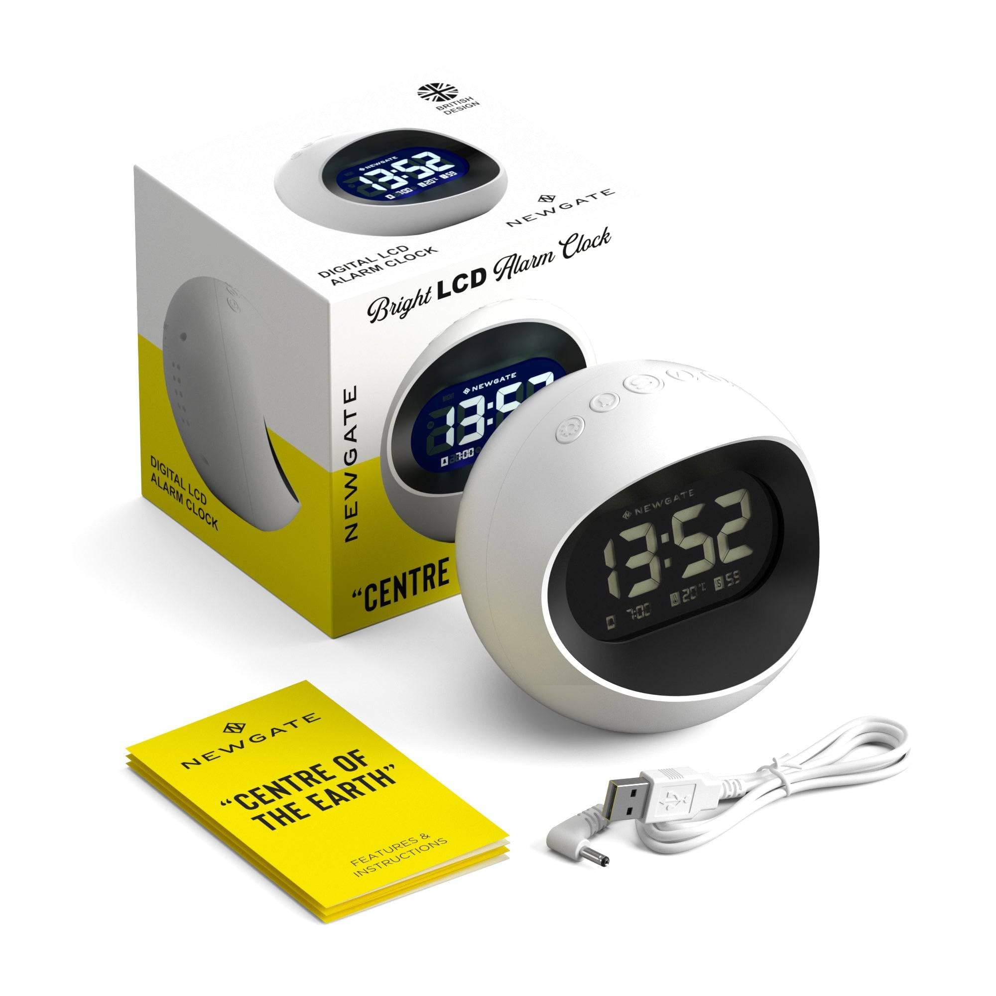NEWGATE® Centre of The Earth Despertador | Reloj LCD Digital Retro Redondo | Blanco | Ideal para la mesilla, Escritorio o estantería | Accesorio Retro para dormitorios y oficinas