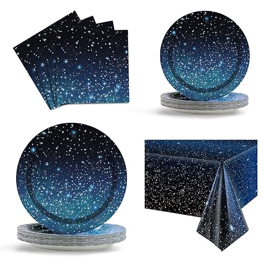 Starry Galaxy Party Supplies,Night Sky Party Tableware,Outer Space Theme Birthday Party Decoration Disposable Dinnerware Set Paper Plates Napkins Tablecloth for Boys Girls Birthday Serve 25 Guests