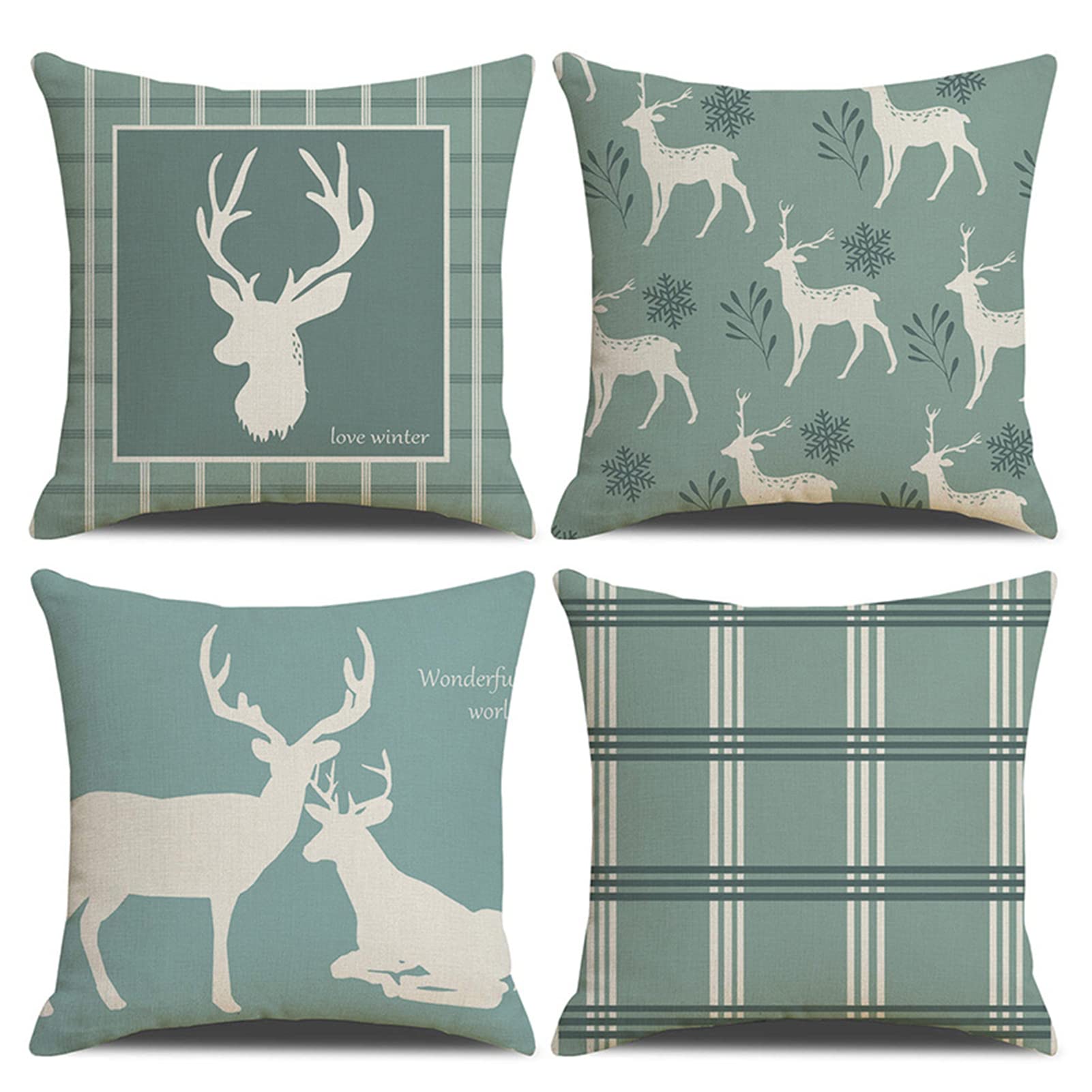 VAODO Throw Pillow Covers Set of 4, 45 * 45 cm Square Cushion Covers Sofa Decorative, Modern Simple Pattern Linen Cushion Case, Suitable for Living Room Bedroom Sofa, Green&White