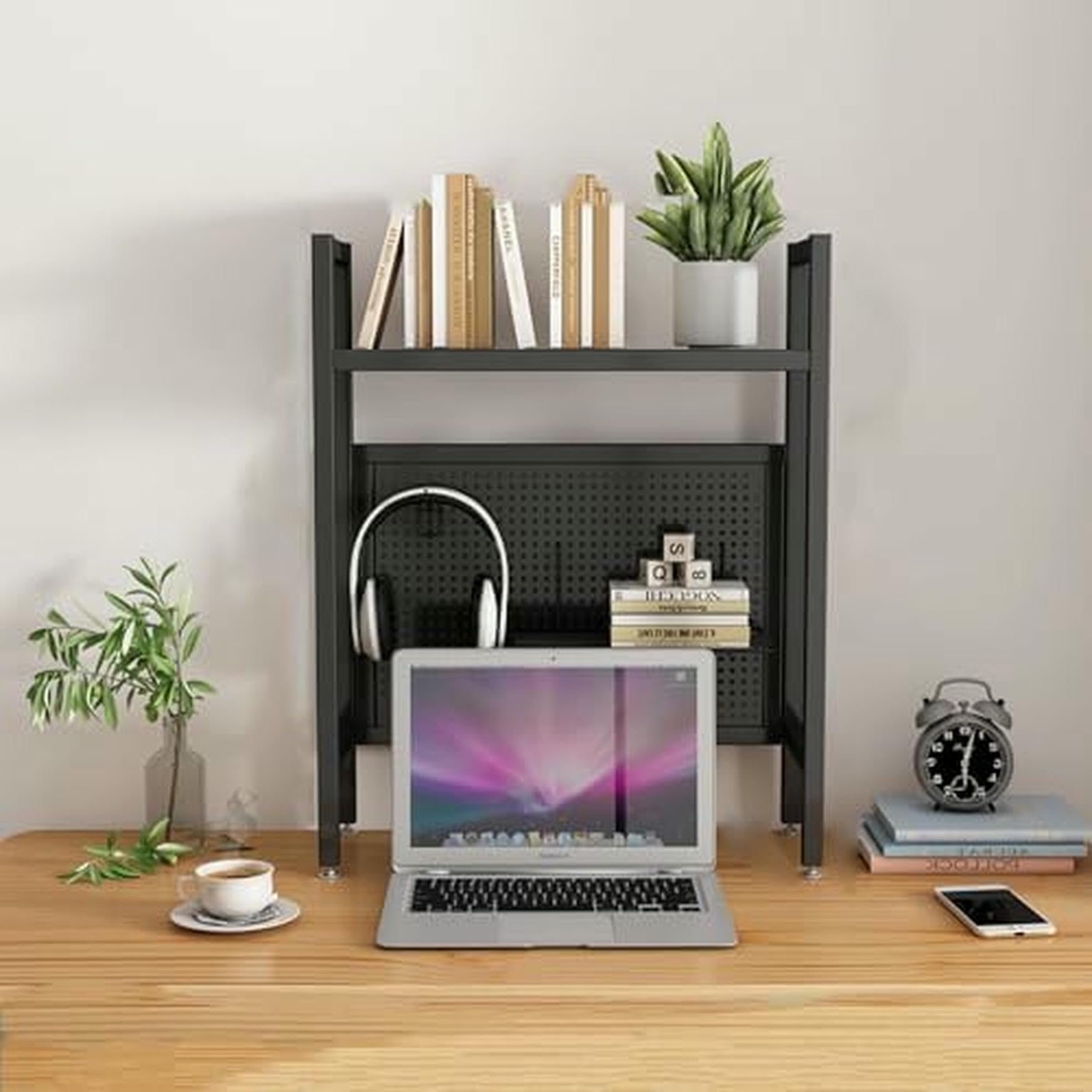 CWCQGH Black Desktop Hutch & Bookshelf - 95cm Student Pegboard Bookcase for Dormitory & Home Office - Computer Desk Storage Rack & Display, Single Layer Organization Solution,Black Single Layer-55cm
