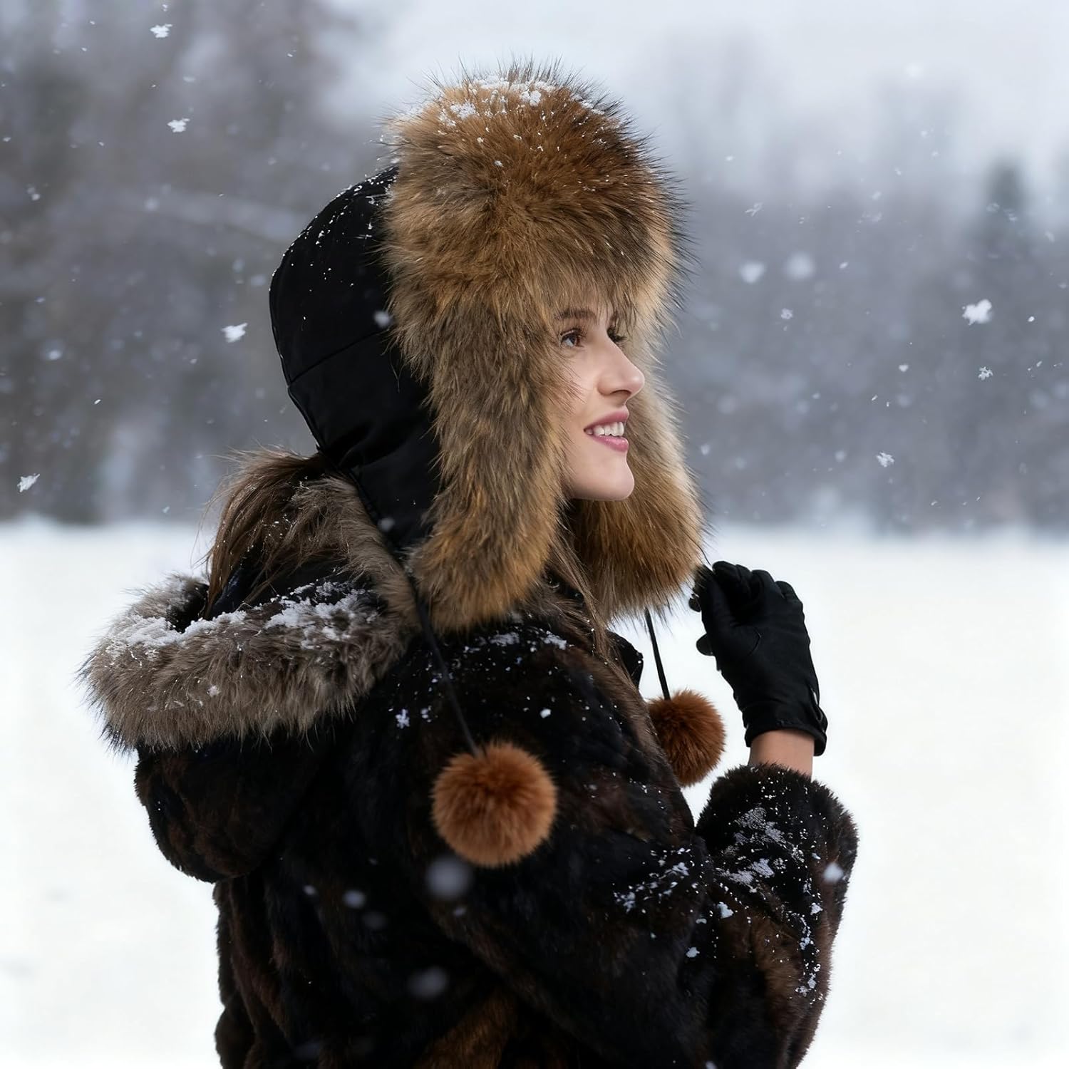 Women's Winter Fox Fur Hat with Ear Flaps, Warm Windproof Ski Cap with Furry Pom-Poms, Fashionable Cold Weather Trapper Hat,Burgundy,Cloth top