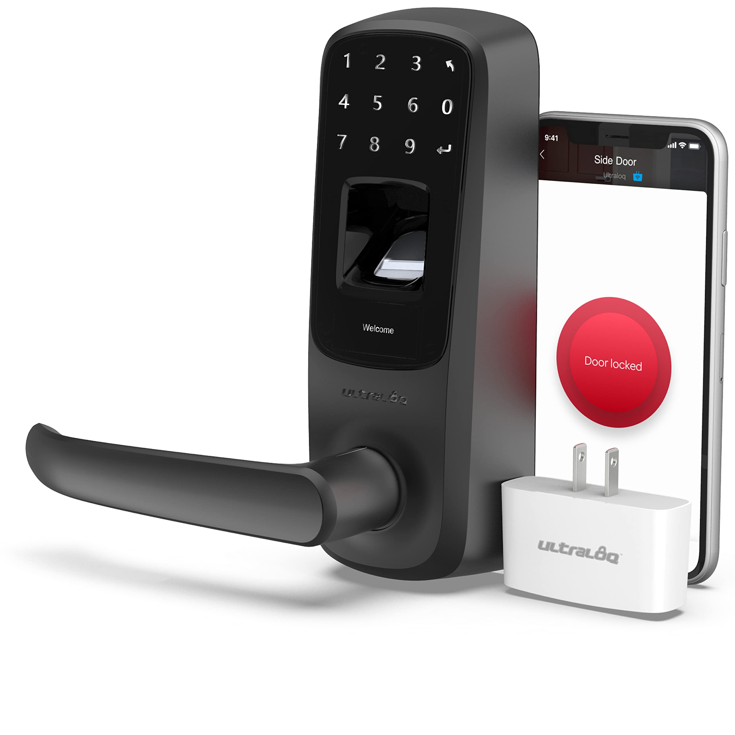 ULTRALOQUL3 BT 2nd Gen Smart Lock (Black) + WiFi Bridge, 5-in-1 Keyless Entry Electronic Door Handle with Bluetooth, Biometric Fingerprint and Touch Digital Keypad