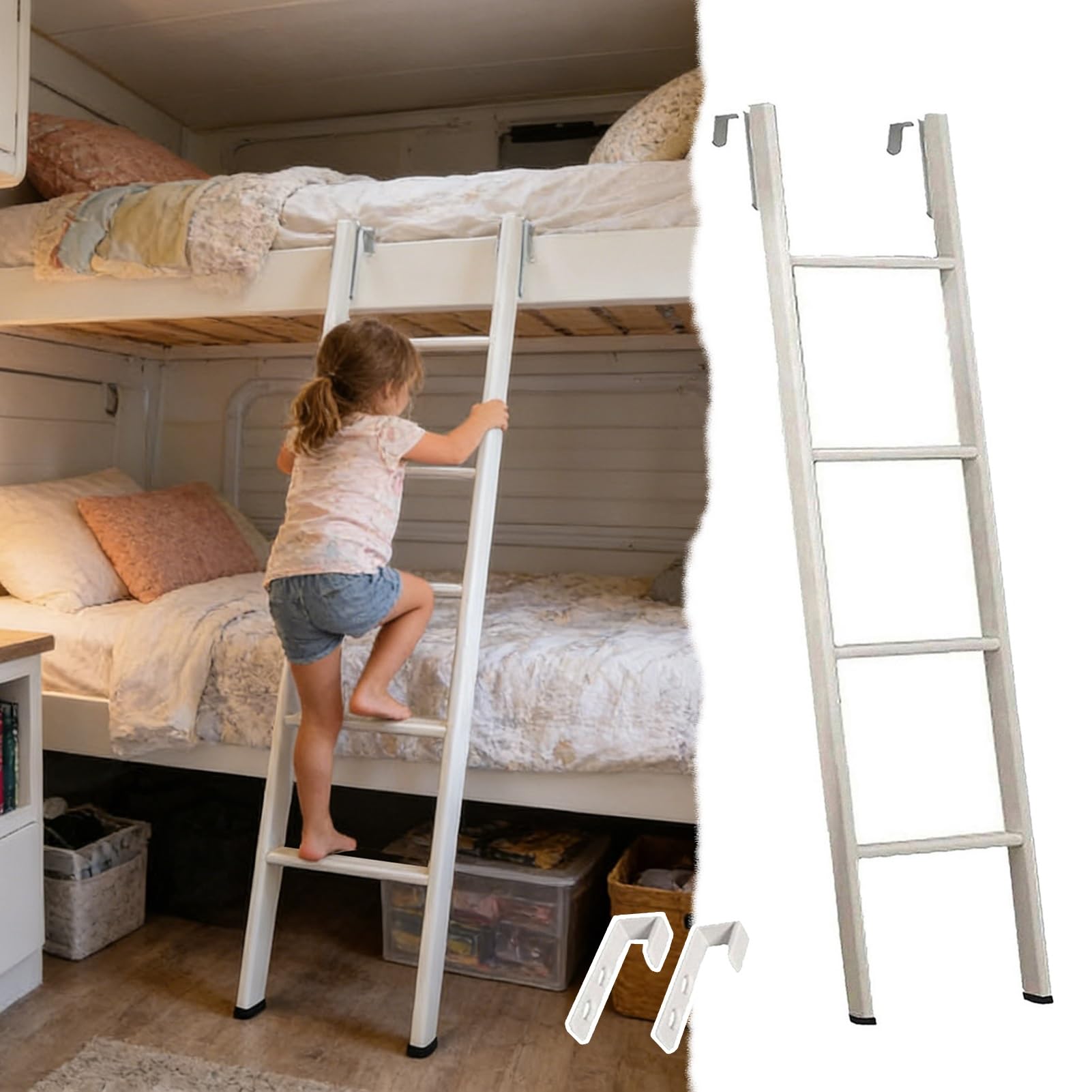 Scaletta Letto a Castello Scala Letto Castello Bambini Adulti, Camper - Scala Uscita per Soppalco con Interni Bianchi, Piedini Antiscivolo Gancio, Gradino Corto Metallo Personalizzabile(116cm/45")