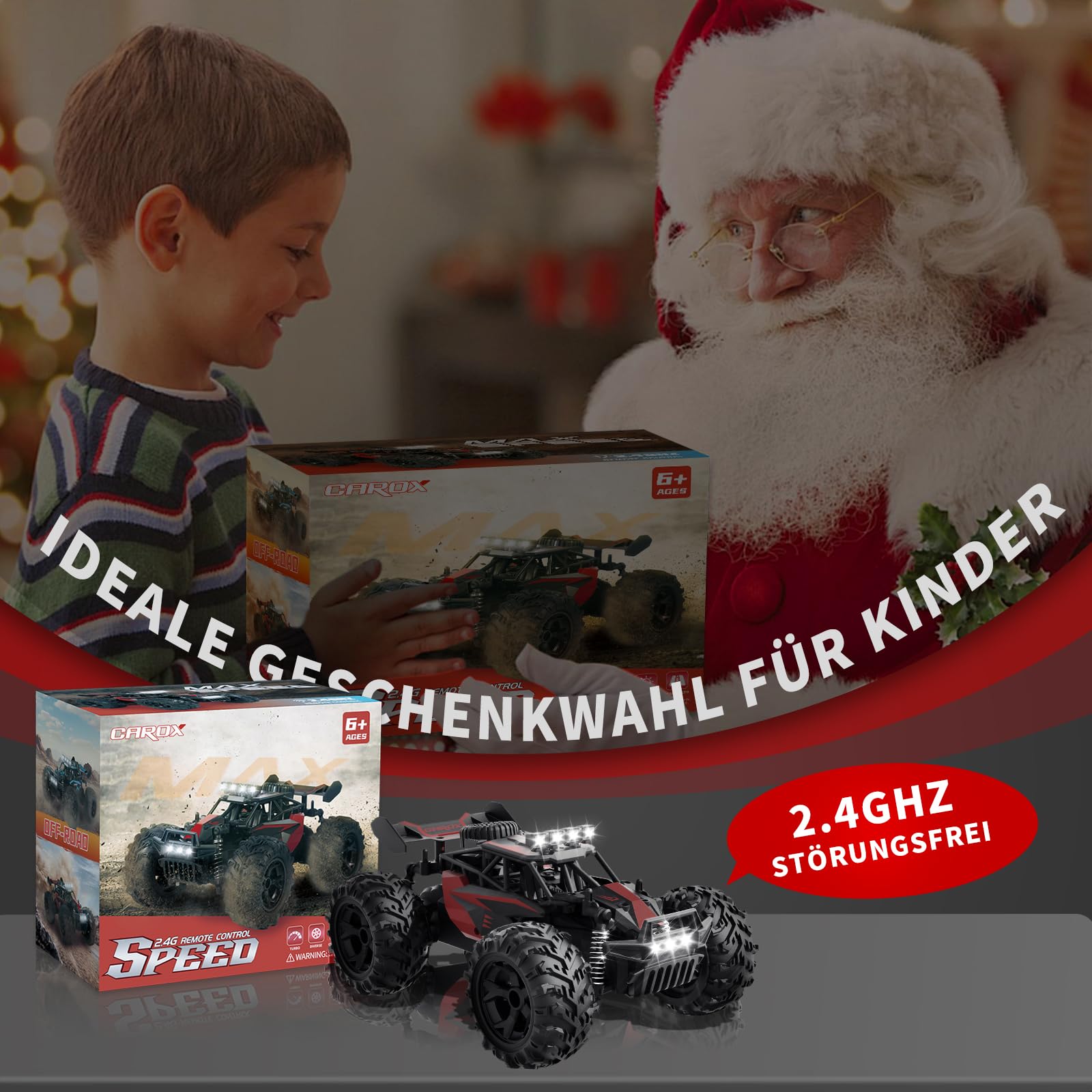 Carox ferngesteuertes Auto 2.4 GHz 25 km/h RC Auto 1:18 Off Road Monstertruck mit Scheinwerfer