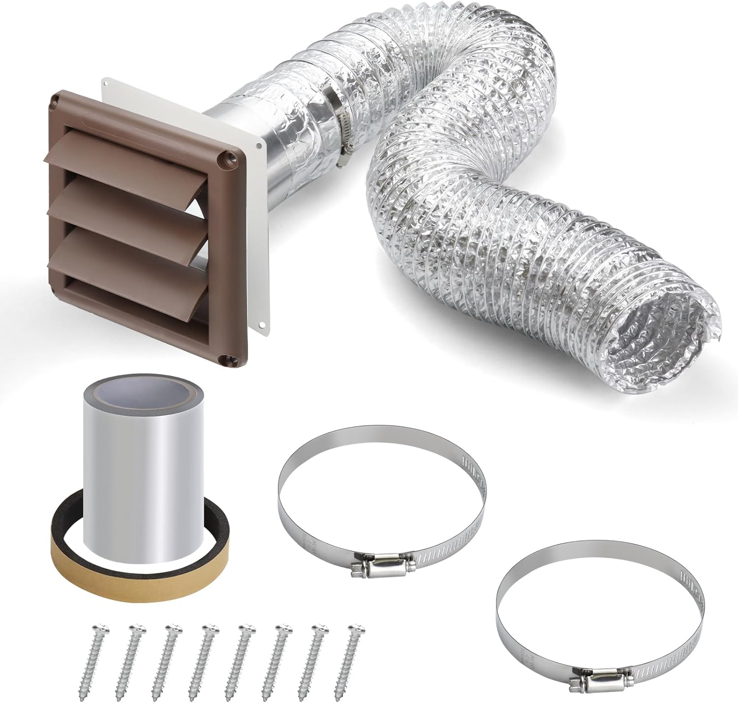 Dryer Vent Kit with Hose/Duct Connector/Wall Plate,4Inch Dryer Wall Vent Hose Connector Wall Duct Kit for Bathroom Ventilation Fan Exhaust,Ceiling Washer Air Circulation,Brown Louvered Dryer Vent Hood