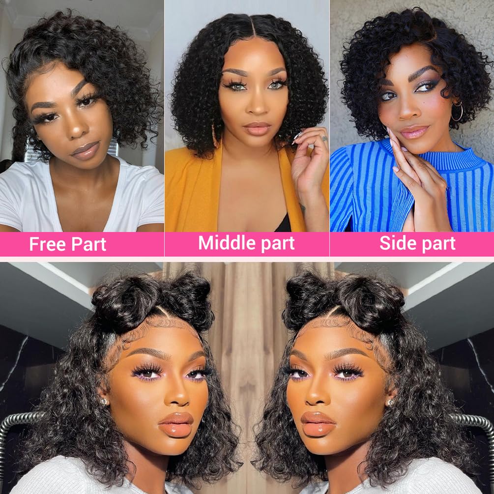 Wear and Go Glueless Wigs Human Hair Pre Plucked Pre Cut Bob 4x4 Curly Wave Lace Front Wig 180% Density No Glue Human Hair Wigs for Black Women, Natural Black 1B, 8 Inch
