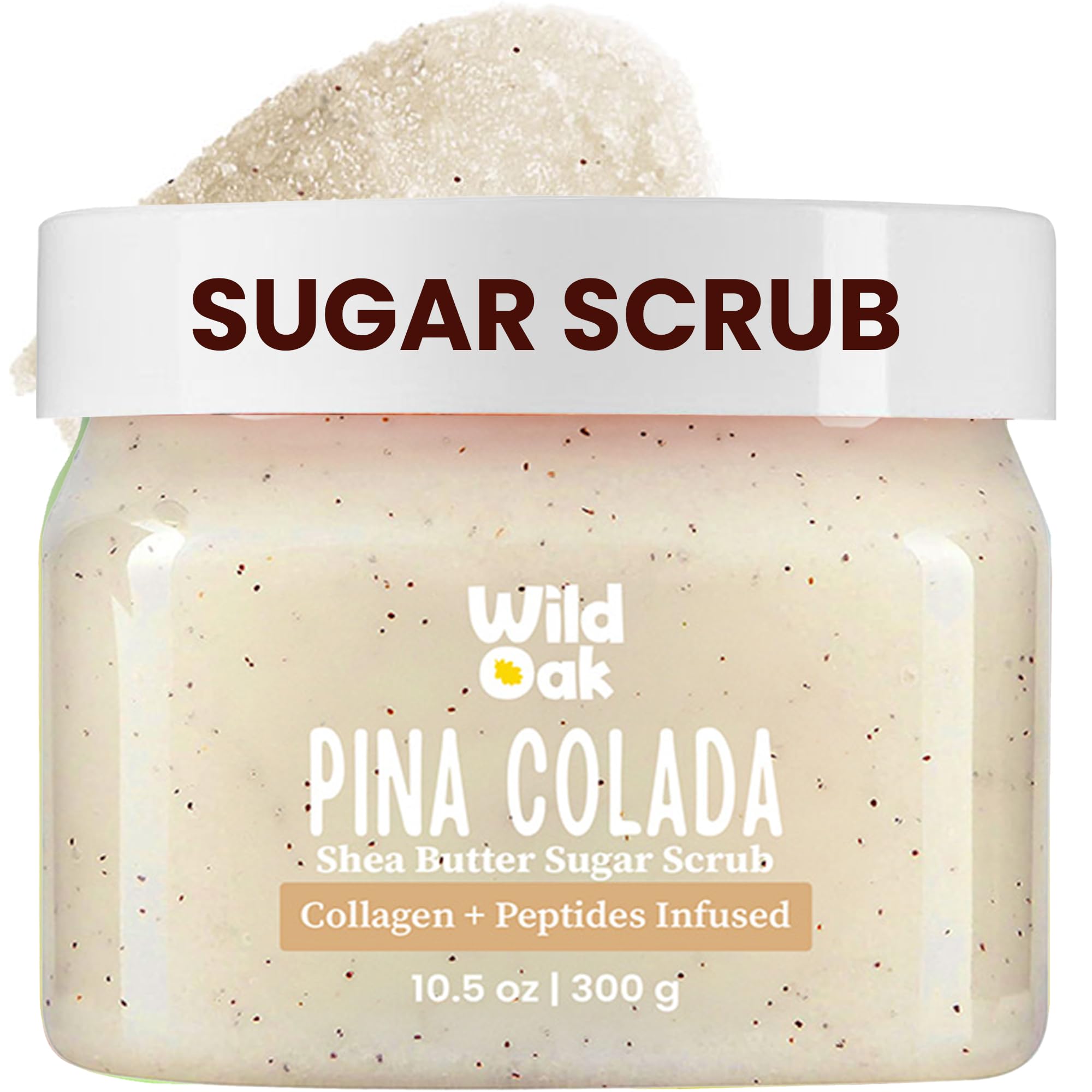 WildOak Pina Colada Sugar Body Scrub | 300g | Kojic Acid, Hyaluronic Acid, Ceramides, Collagen & Peptides | De-Tan & Brightens Dark Areas | Smooths Strawberry Legs & Arms | Hydrates & Exfoliates