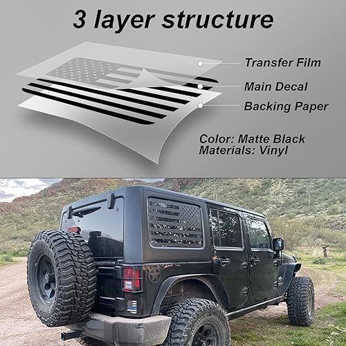 Miniatura 3 de Calcomanías de vinilo precortadas con la bandera estadounidense para Jeep Wrangler JL JLU 2018 2019 2020 2021 2022 2023 (1 par, negro mate)